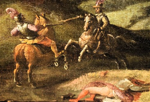 "Assault on the village with clash between knights"